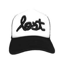 Load image into Gallery viewer, LOST SCRIPT TRUCKER HAT (WHITE/BLACK)
